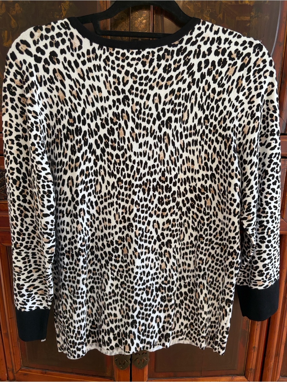 White House Black Market Black, White & Taupe Leopard-Print Cardigan - Picture 2 of 6
